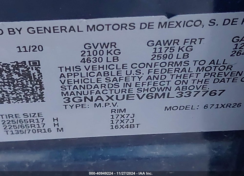 2021 CHEVROLET EQUINOX AWD LT VIN: 3GNAXUEV6ML337767
