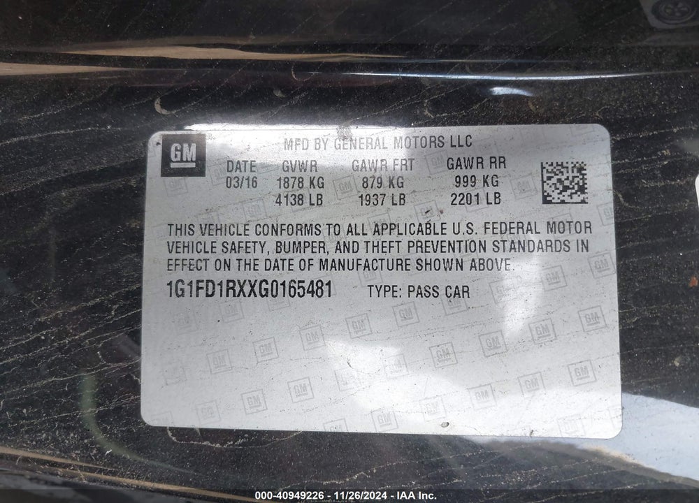 2016 CHEVROLET CAMARO VIN: 1G1FD1RXXG0165481