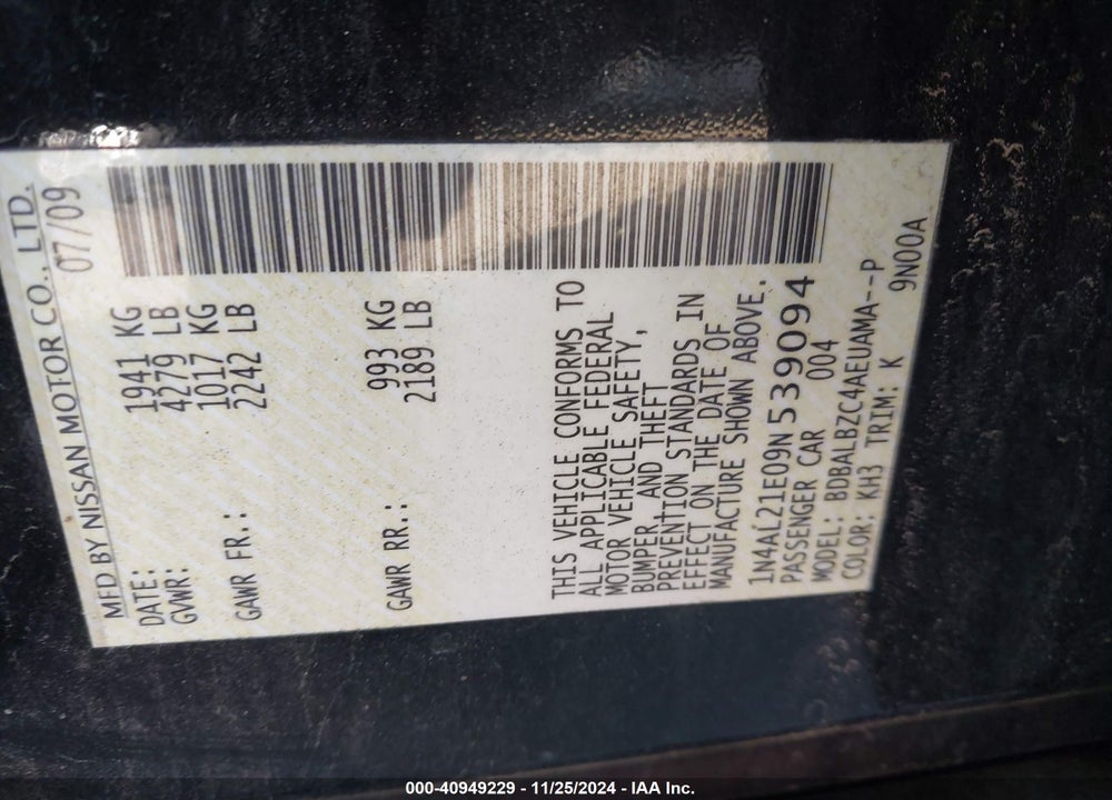 2009 NISSAN ALTIMA 2.5 S VIN: 1N4AL21E09N539094