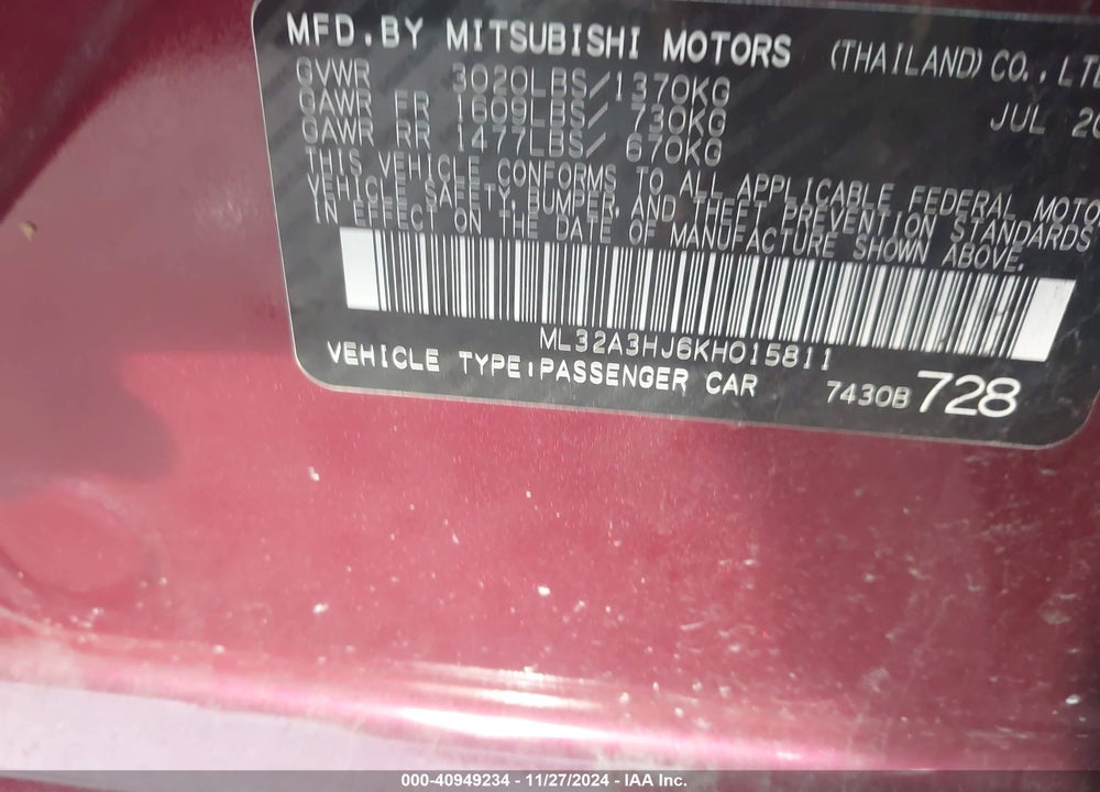 2019 MITSUBISHI MIRAGE RF VIN: ML32A3HJ6KH015811