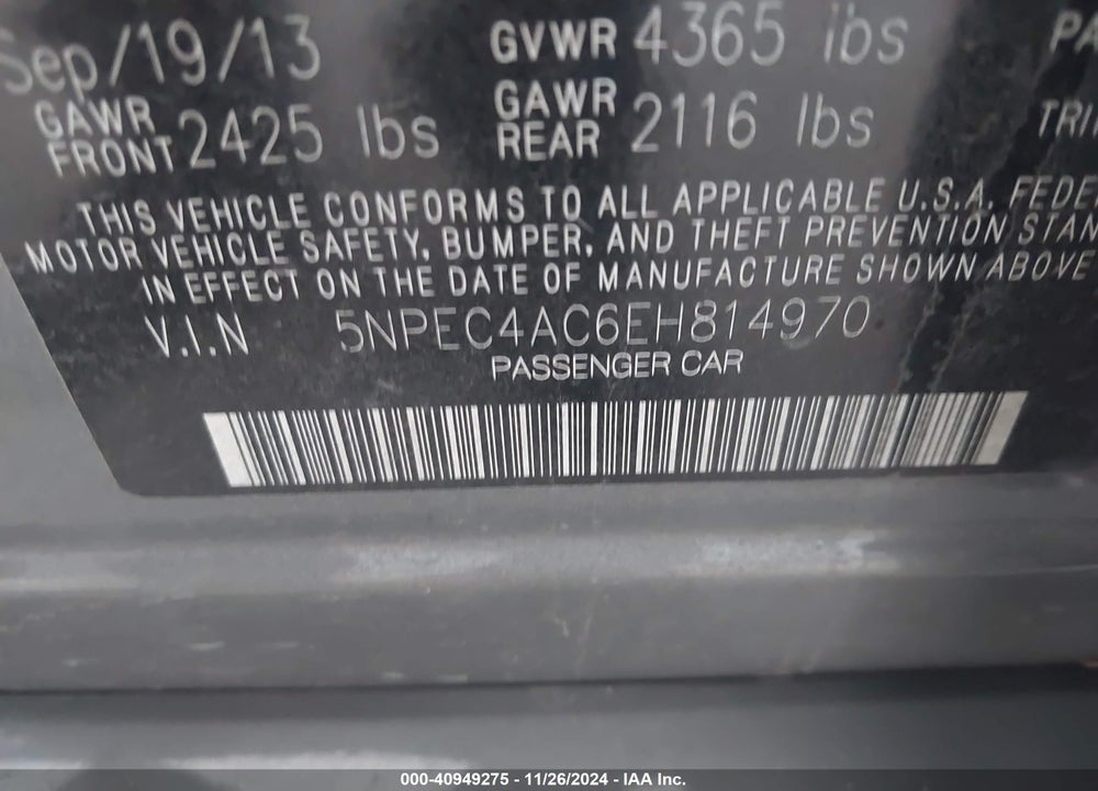 2014 HYUNDAI SONATA LIMITED VIN: 5NPEC4AC6EH814970