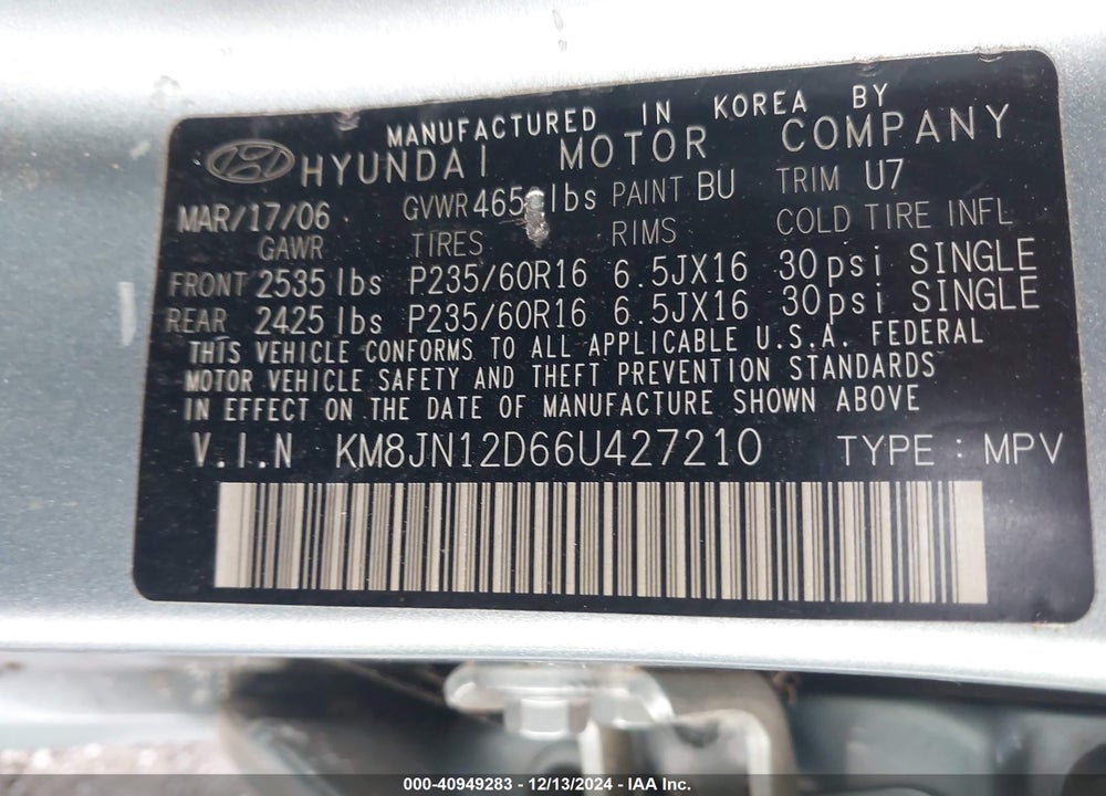 2006 HYUNDAI TUCSON GLS/LIMITED VIN: KM8JN12D66U427210