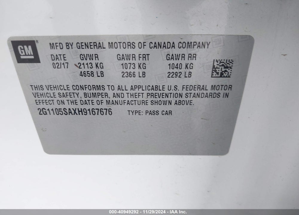 2017 CHEVROLET IMPALA VIN: 2G1105SAXH9167676