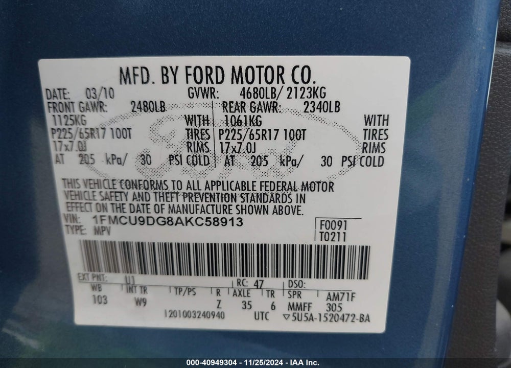 2010 FORD ESCAPE XLT VIN: 1FMCU9DG8AKC58913
