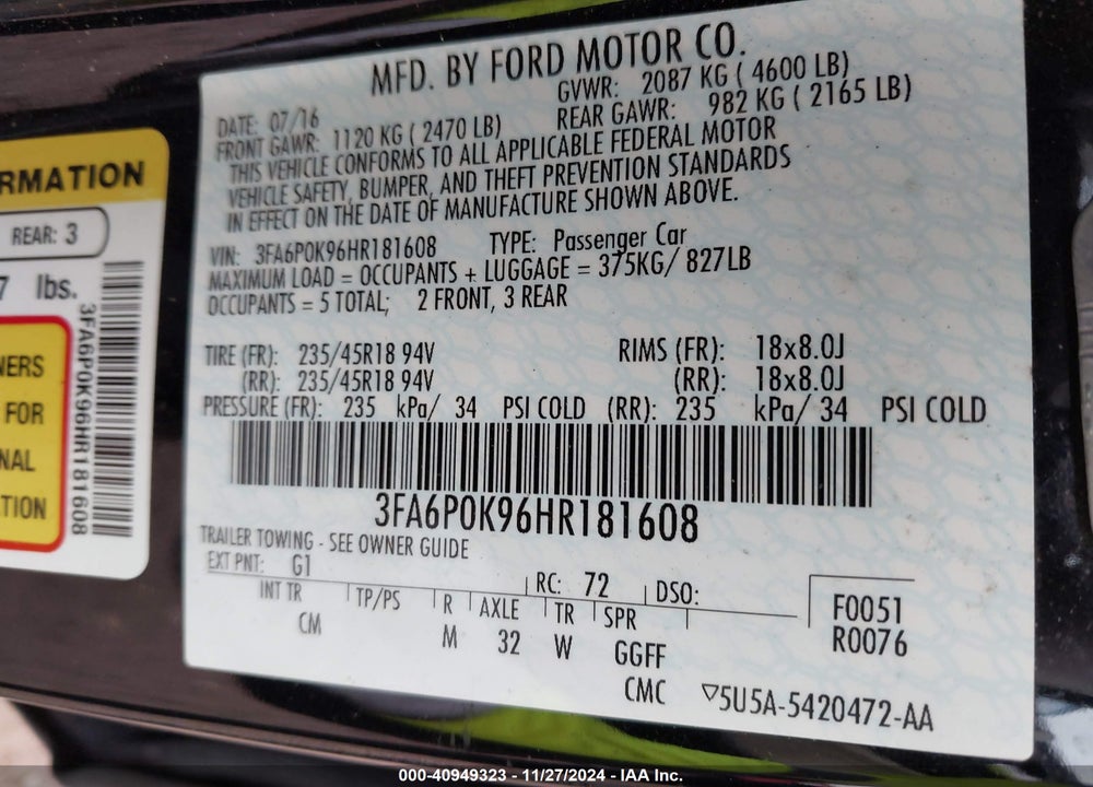 2017 FORD FUSION TITANIUM VIN: 3FA6P0K96HR181608