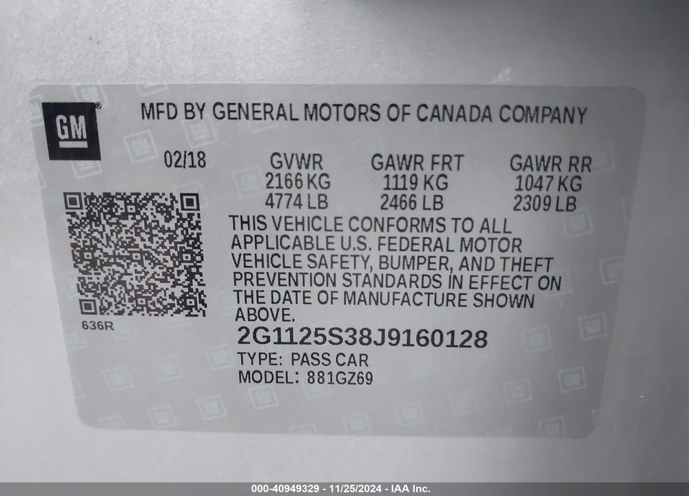 2018 CHEVROLET IMPALA VIN: 2G1125S38J9160128
