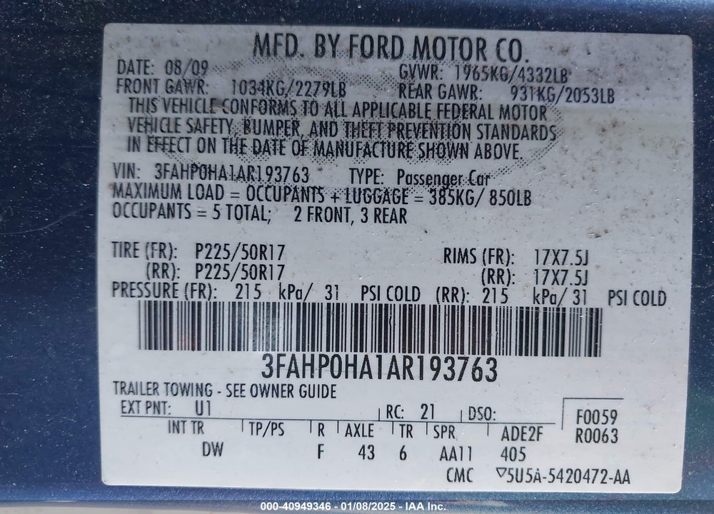 2010 FORD FUSION VIN: 3FAHP0HA1AR193763