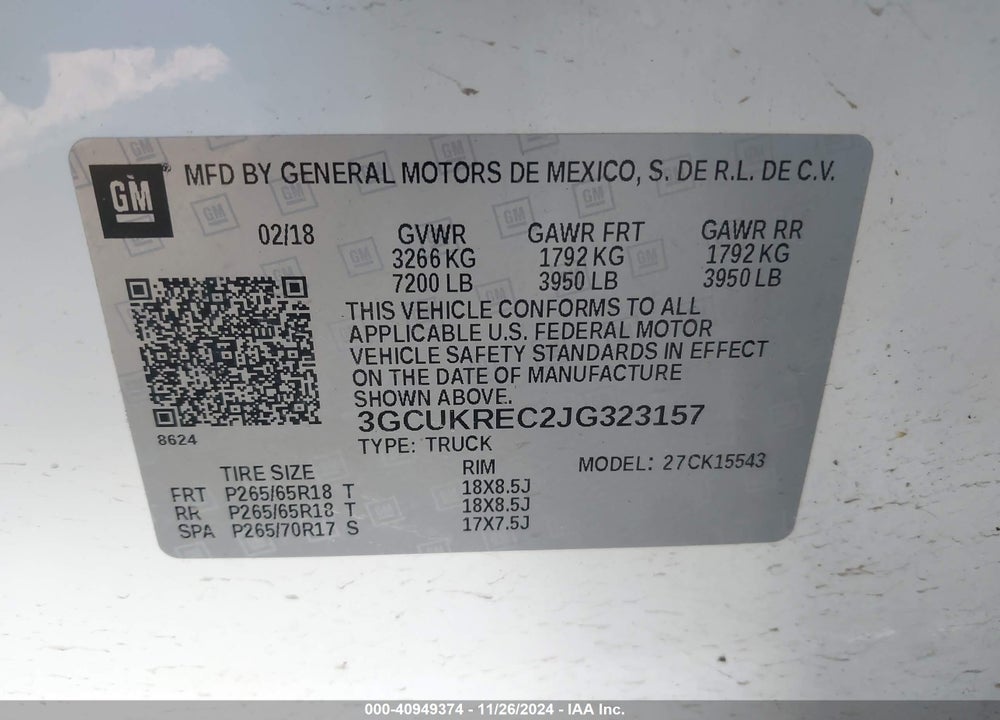 2018 CHEVROLET SILVERADO 1500 2LT VIN: 3GCUKREC2JG323157