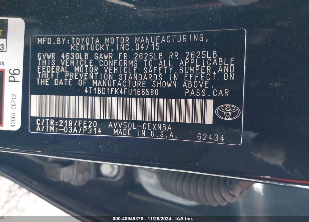 2015 TOYOTA CAMRY HYBRID LE VIN: 4T1BD1FK4FU166580