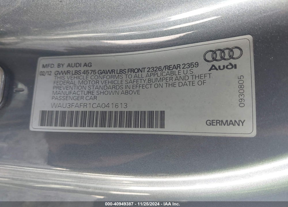 2012 AUDI A5 2.0T PREMIUM VIN: WAU3FAFR1CA041613
