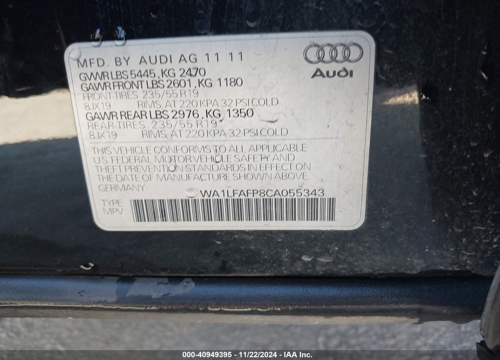 2012 AUDI Q5 2.0T PREMIUM VIN: WA1LFAFP8CA055343