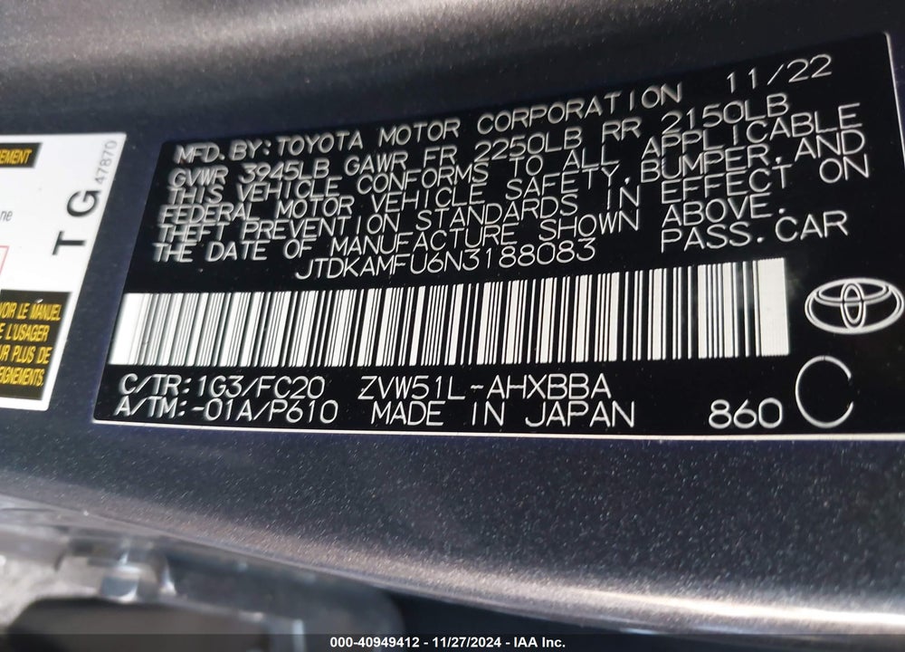 2022 TOYOTA PRIUS L VIN: JTDKAMFU6N3188083