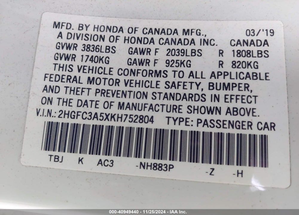 2019 HONDA CIVIC SI VIN: 2HGFC3A5XKH752804