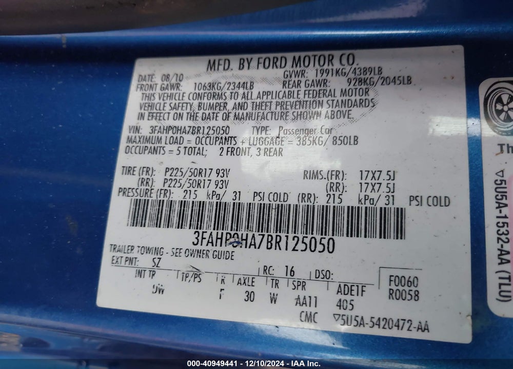 2011 FORD FUSION SE VIN: 3FAHP0HA7BR125050