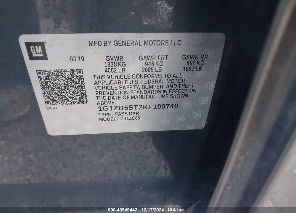 2019 CHEVROLET MALIBU VIN: 1G1ZB5ST2KF190740