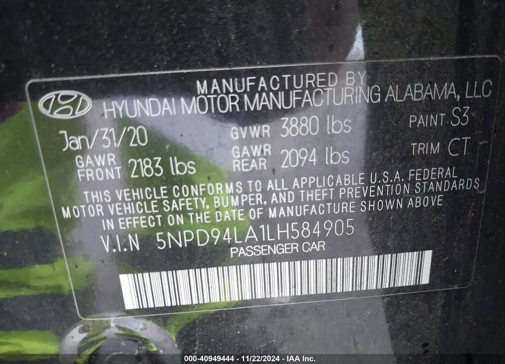2020 HYUNDAI ELANTRA VIN: 5NPD94LA1LH584905