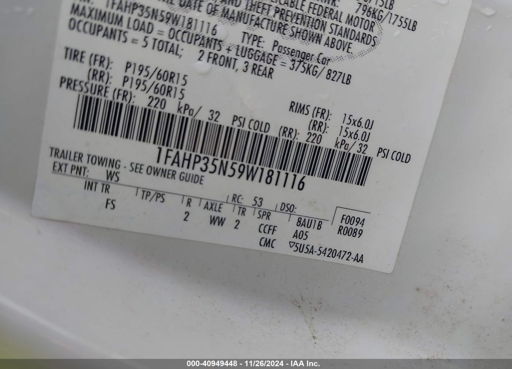 2009 FORD FOCUS SE VIN: 1FAHP35N59W181116
