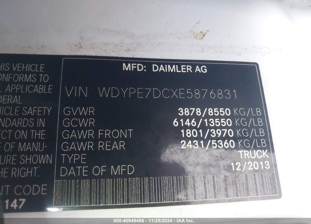 2014 FREIGHTLINER SPRINTER 2500 NORMAL ROOF VIN: WDYPE7DCXE5876831