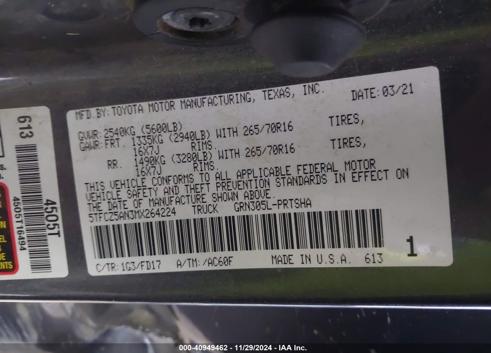 2021 TOYOTA TACOMA VIN: 5TFCZ5AN3MX264224