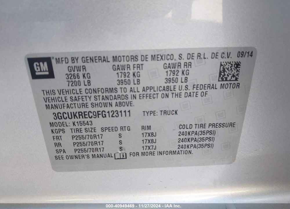 2015 CHEVROLET SILVERADO 1500 1LT VIN: 3GCUKREC9FG123111