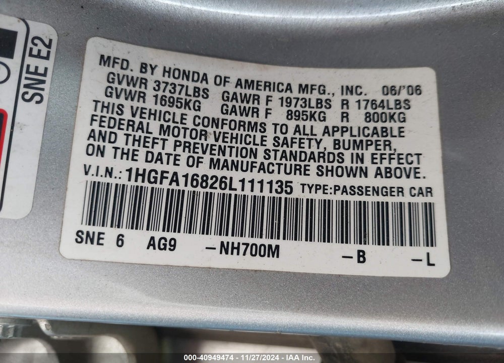 2006 HONDA CIVIC EX VIN: 1HGFA16826L111135
