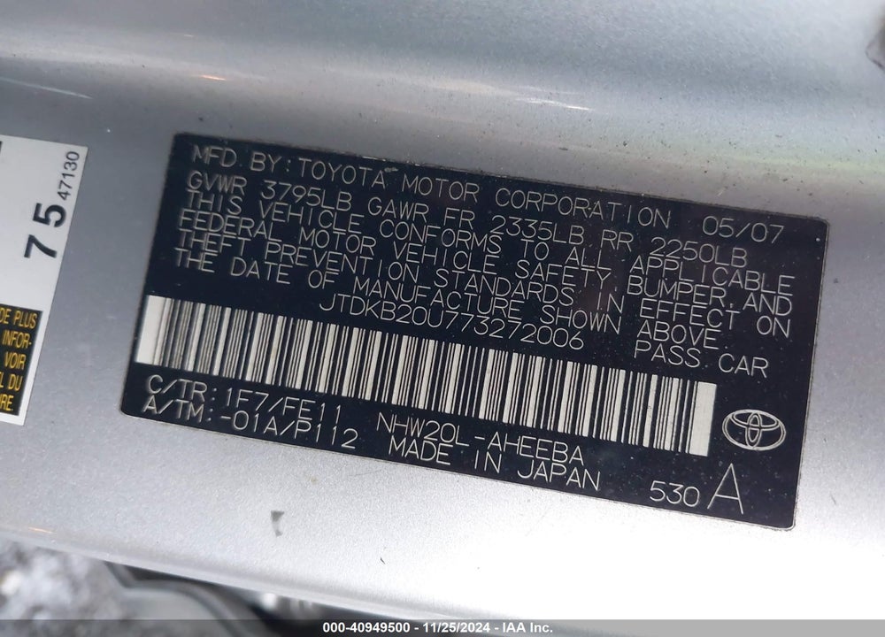 2007 TOYOTA PRIUS VIN: JTDKB20U773272006