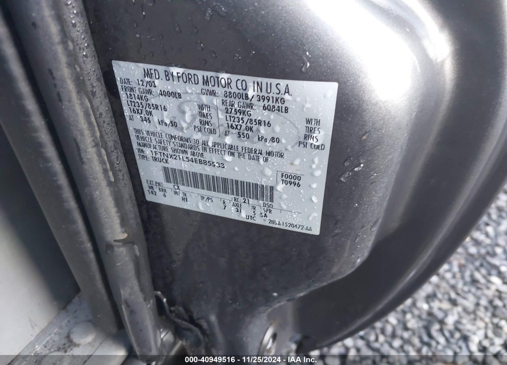 2004 FORD F-250 VIN: 1FTNX21L54EB85533