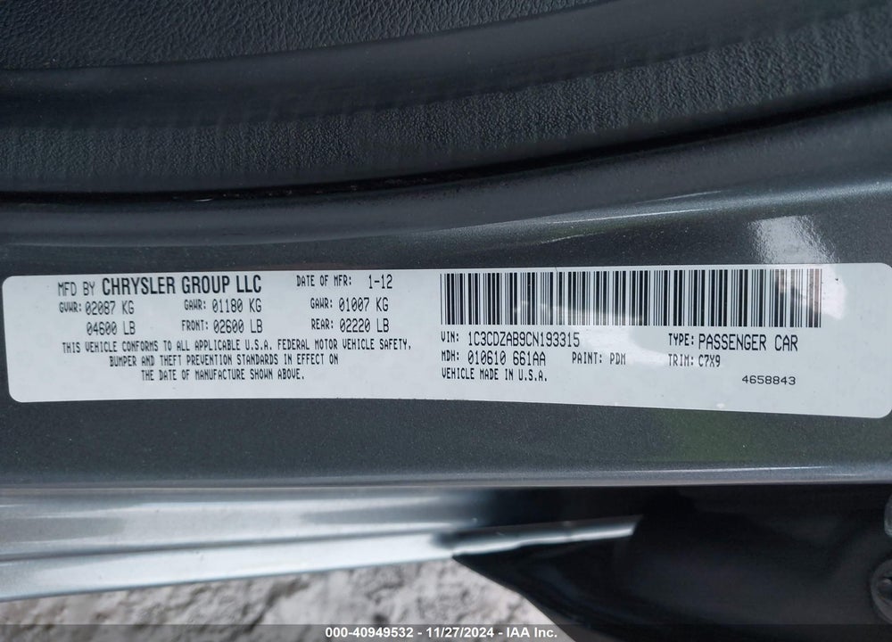 2012 DODGE AVENGER SE VIN: 1C3CDZAB9CN193315