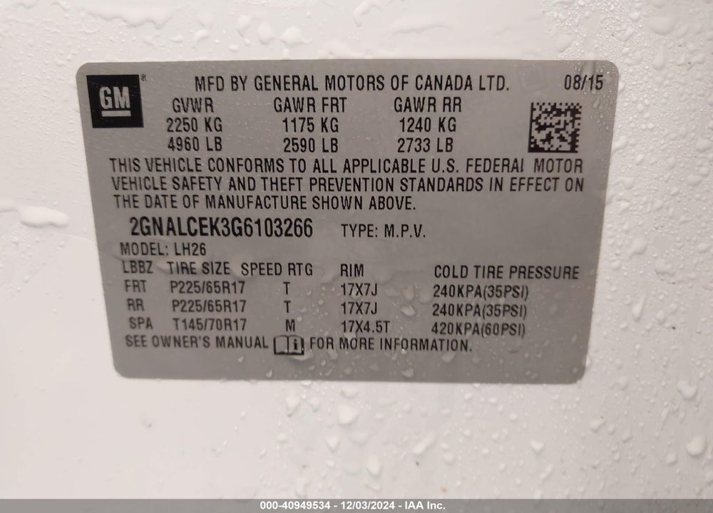 2016 CHEVROLET EQUINOX LT VIN: 2GNALCEK3G6103266
