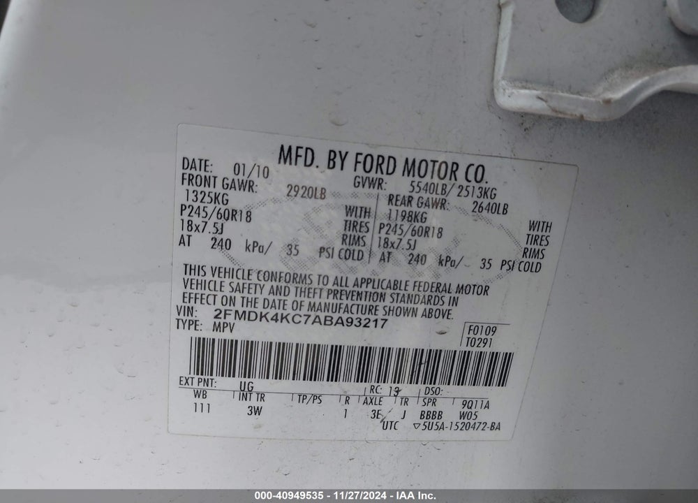 2010 FORD EDGE LIMITED VIN: 2FMDK4KC7ABA93217