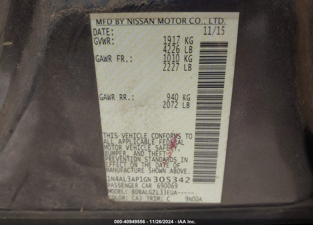 2016 NISSAN ALTIMA VIN: 1N4AL3AP1GN305342