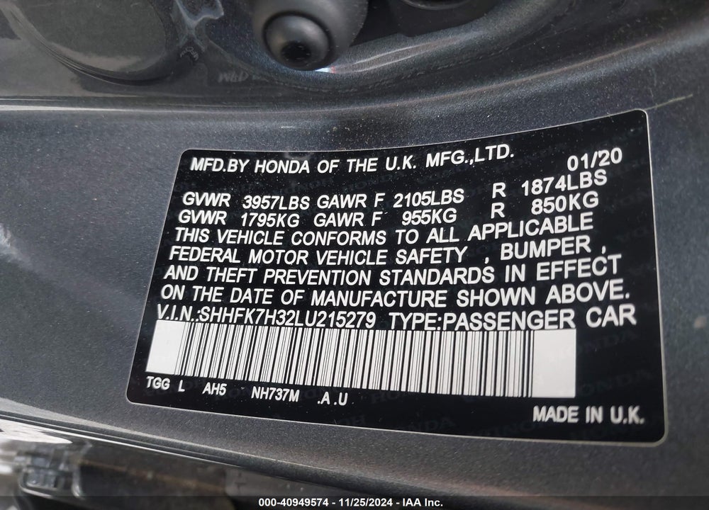 2020 HONDA CIVIC VIN: SHHFK7H32LU215279