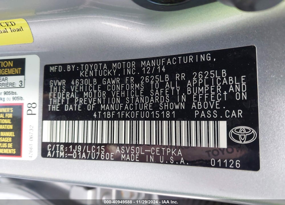 2015 TOYOTA CAMRY XSE VIN: 4T1BF1FK0FU015181