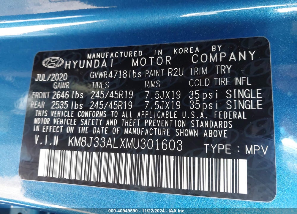2021 HYUNDAI TUCSON SPORT VIN: KM8J33ALXMU301603