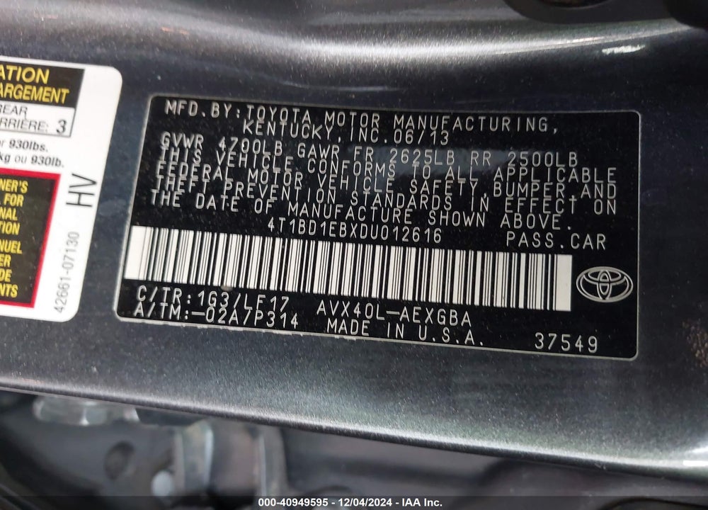 2013 TOYOTA AVALON HYBRID VIN: 4T1BD1EBXDU012616
