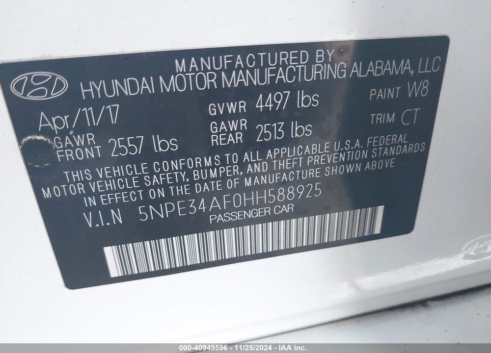 2017 HYUNDAI SONATA SPORT VIN: 5NPE34AF0HH588925