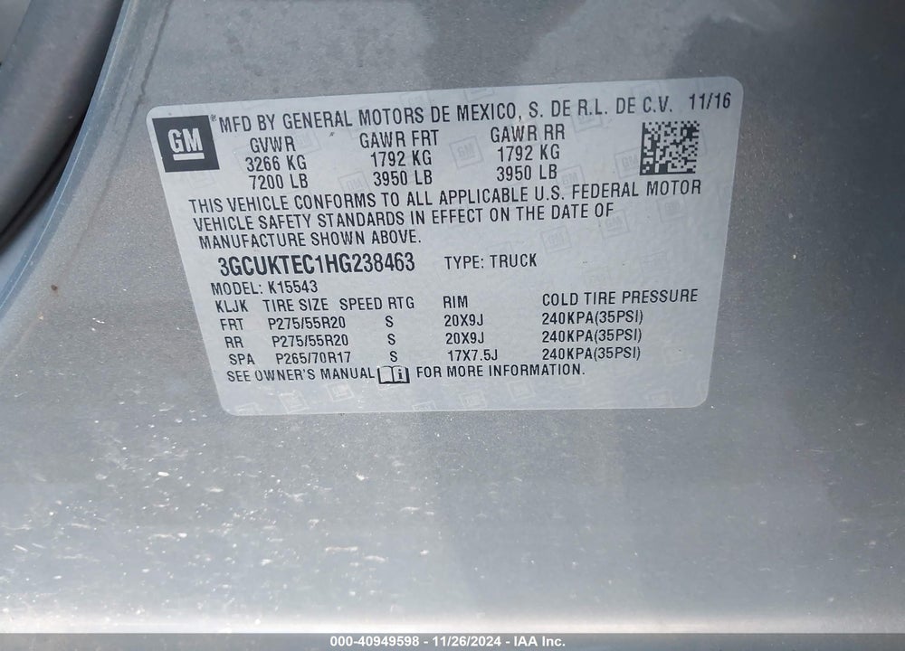 2017 CHEVROLET SILVERADO 1500 HIGH COUNTRY VIN: 3GCUKTEC1HG238463