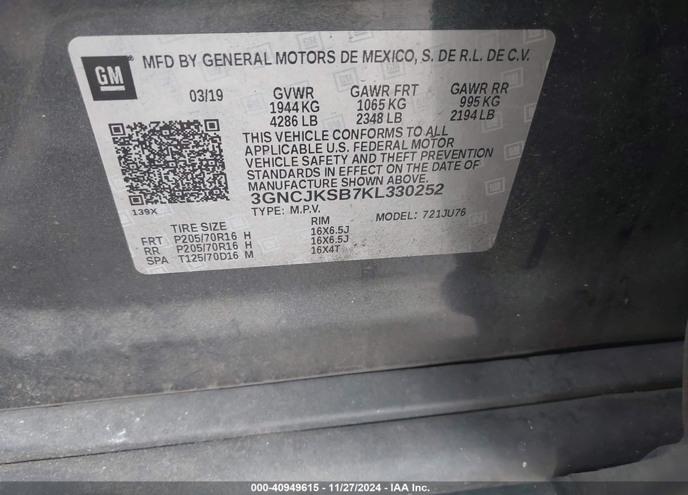 2019 CHEVROLET TRAX LS VIN: 3GNCJKSB7KL330252