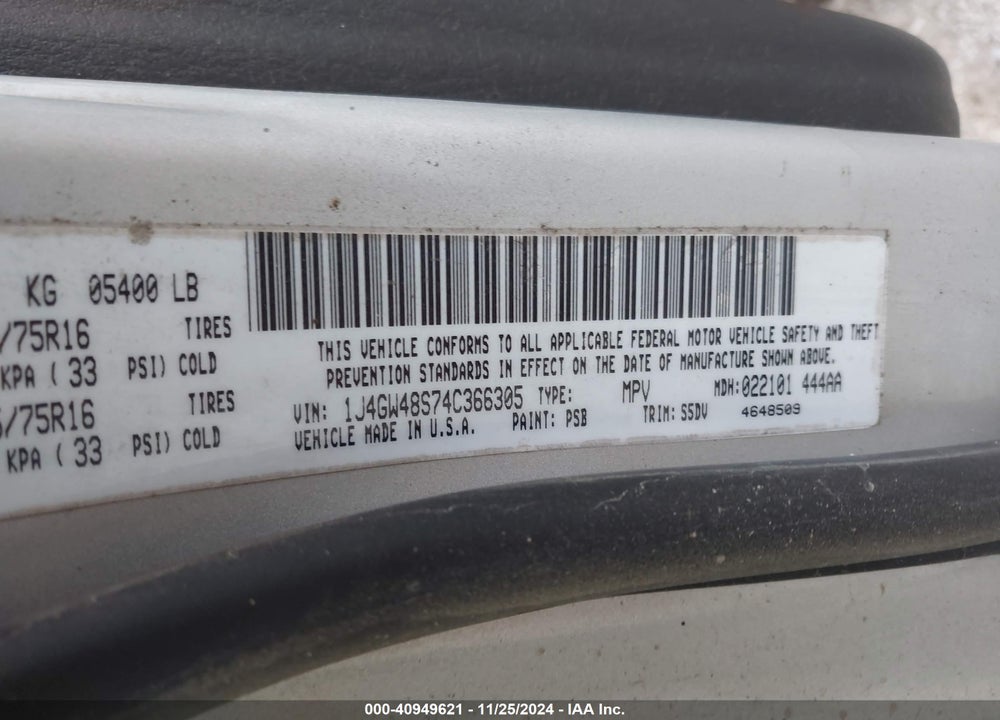 2004 JEEP GRAND CHEROKEE LAREDO VIN: 1J4GW48S74C366305