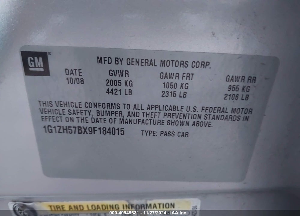 2009 CHEVROLET MALIBU VIN: 1G1ZH57BX9F184015