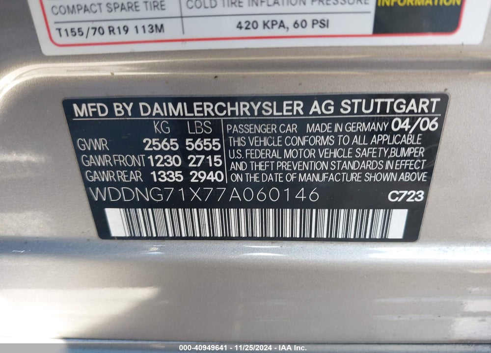 2007 MERCEDES-BENZ S 550 VIN: WDDNG71X77A060146