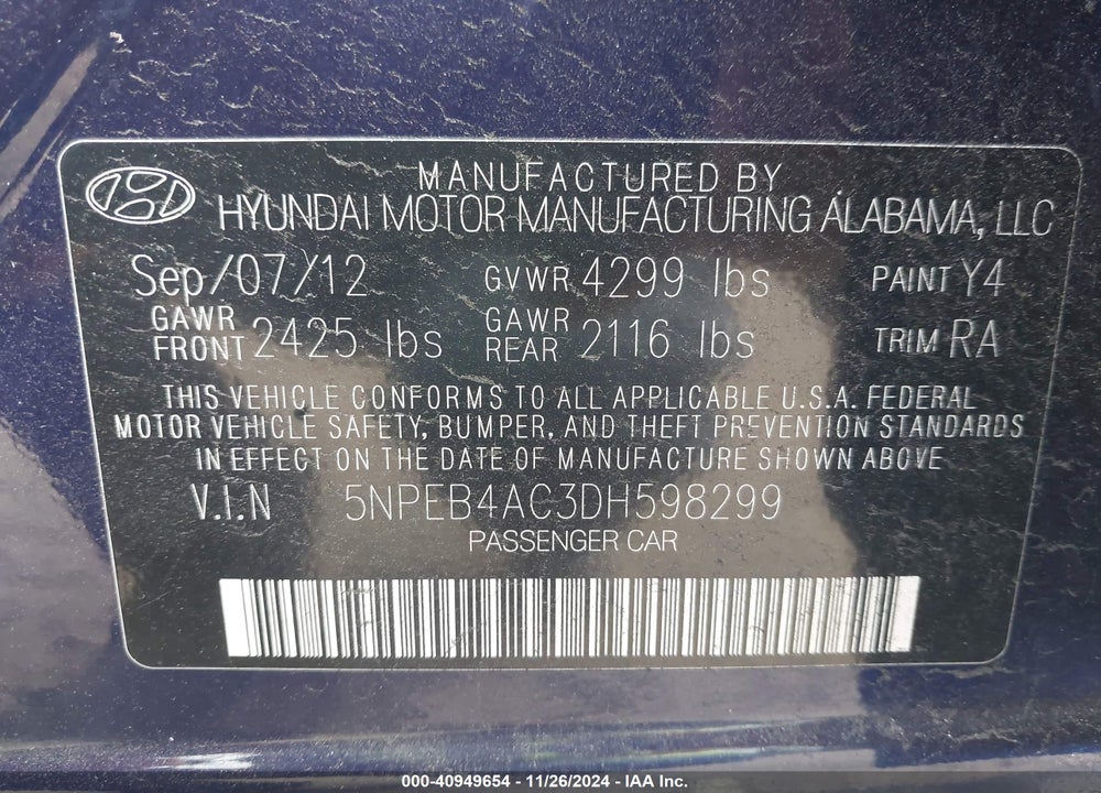 2013 HYUNDAI SONATA GLS VIN: 5NPEB4AC3DH598299