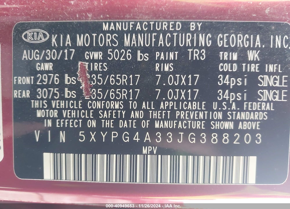 2018 KIA SORENTO 2.4L LX VIN: 5XYPG4A33JG388203
