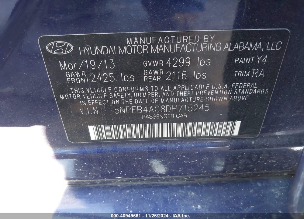 2013 HYUNDAI SONATA GLS VIN: 5NPEB4AC8DH715245