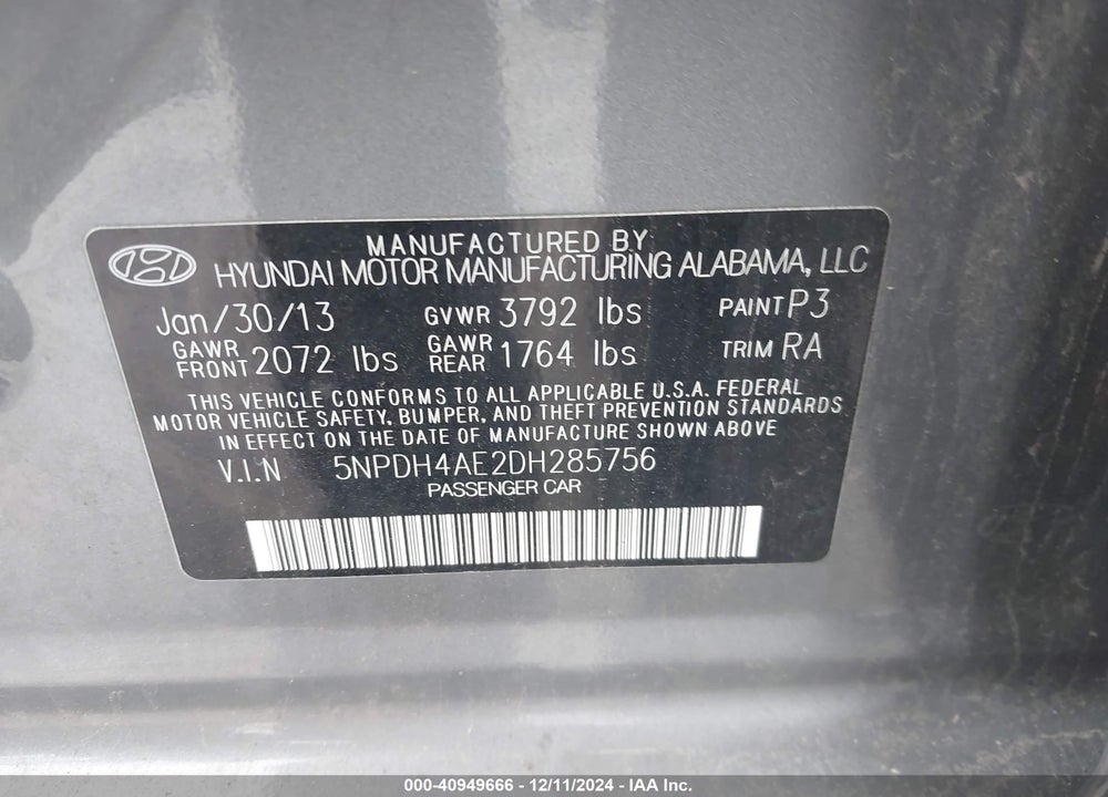 2013 HYUNDAI ELANTRA LIMITED VIN: 5NPDH4AE2DH285756