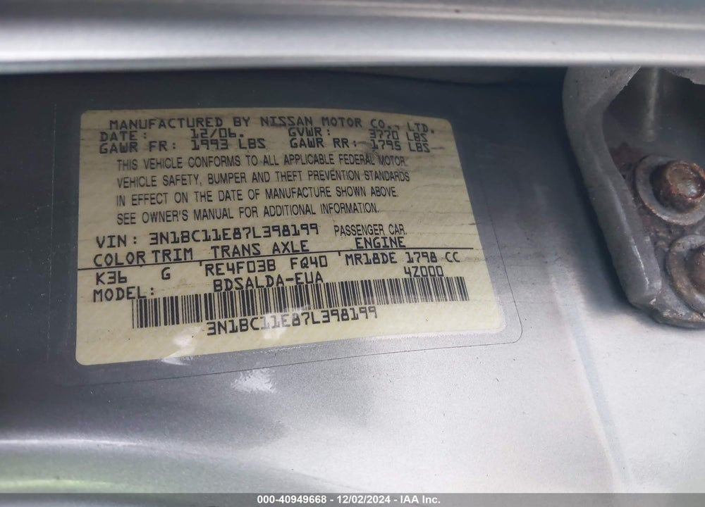 2007 NISSAN VERSA 1.8S VIN: 3N1BC11E87L398199