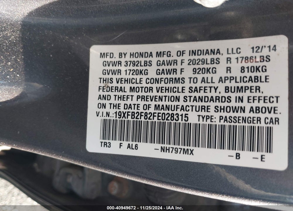 2015 HONDA CIVIC EX VIN: 19XFB2F82FE028315