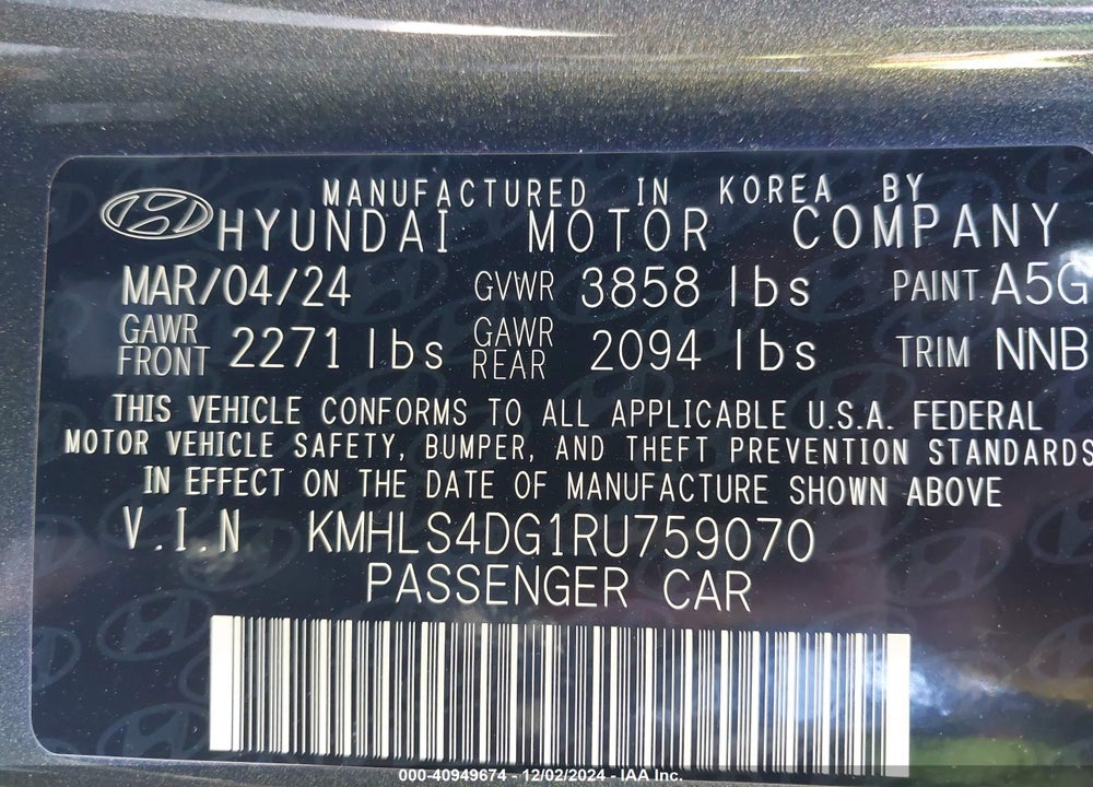 2024 HYUNDAI ELANTRA SEL VIN: KMHLS4DG1RU759070