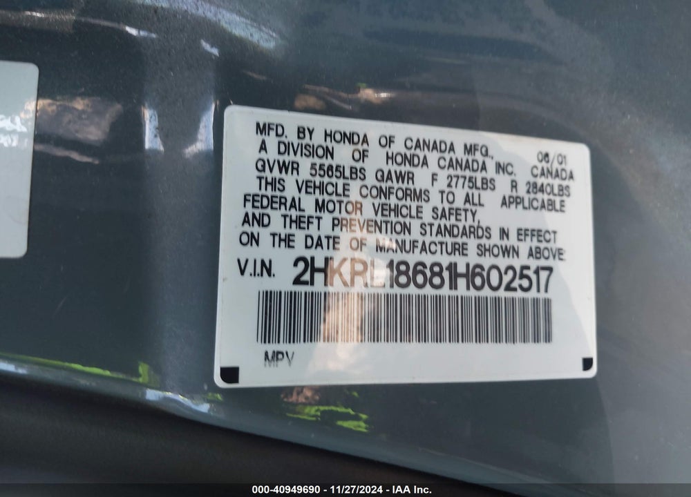 2001 HONDA ODYSSEY VIN: 2HKRL18681H602517