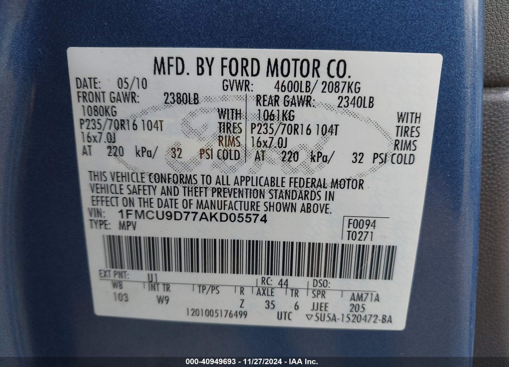 2010 FORD ESCAPE XLT VIN: 1FMCU9D77AKD05574